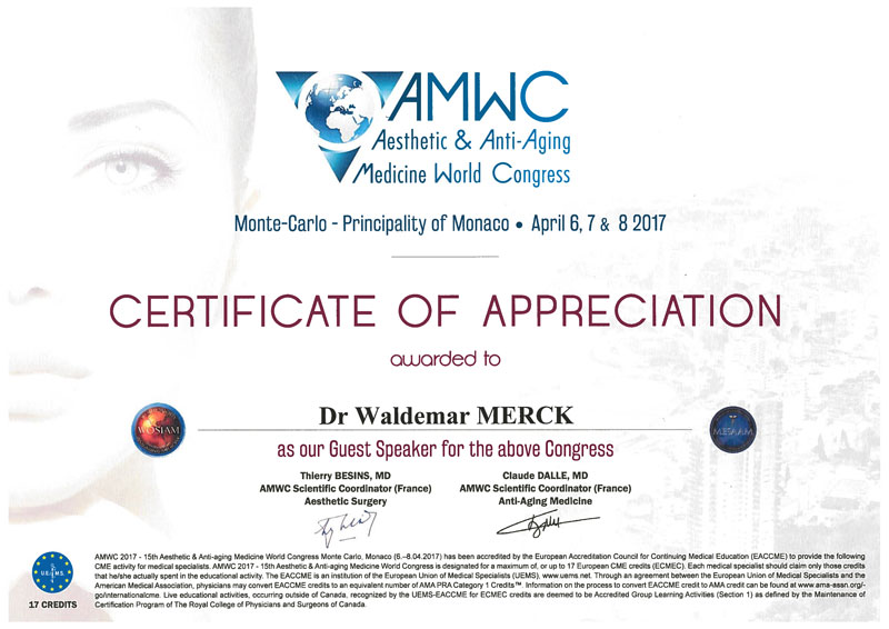 AMWC Aesthetic & Anti-Aging Medicine World Congress - Certificate of Appreciation